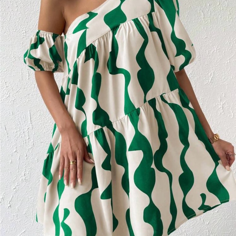 Green and White Asymmetrical One Shoulder / Off Shoulder Dress